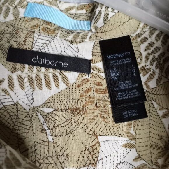 Claiborne Modern Fit Silk/Linen Tan Floral Short Sleeve Men's Button Shirt Size - Picture 5 of 6